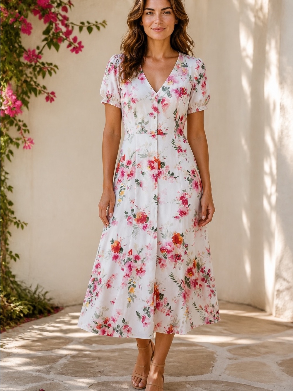 ZARA Floral V-Neck Midi Dress White with Pink Accents linen cotton blend sz xs